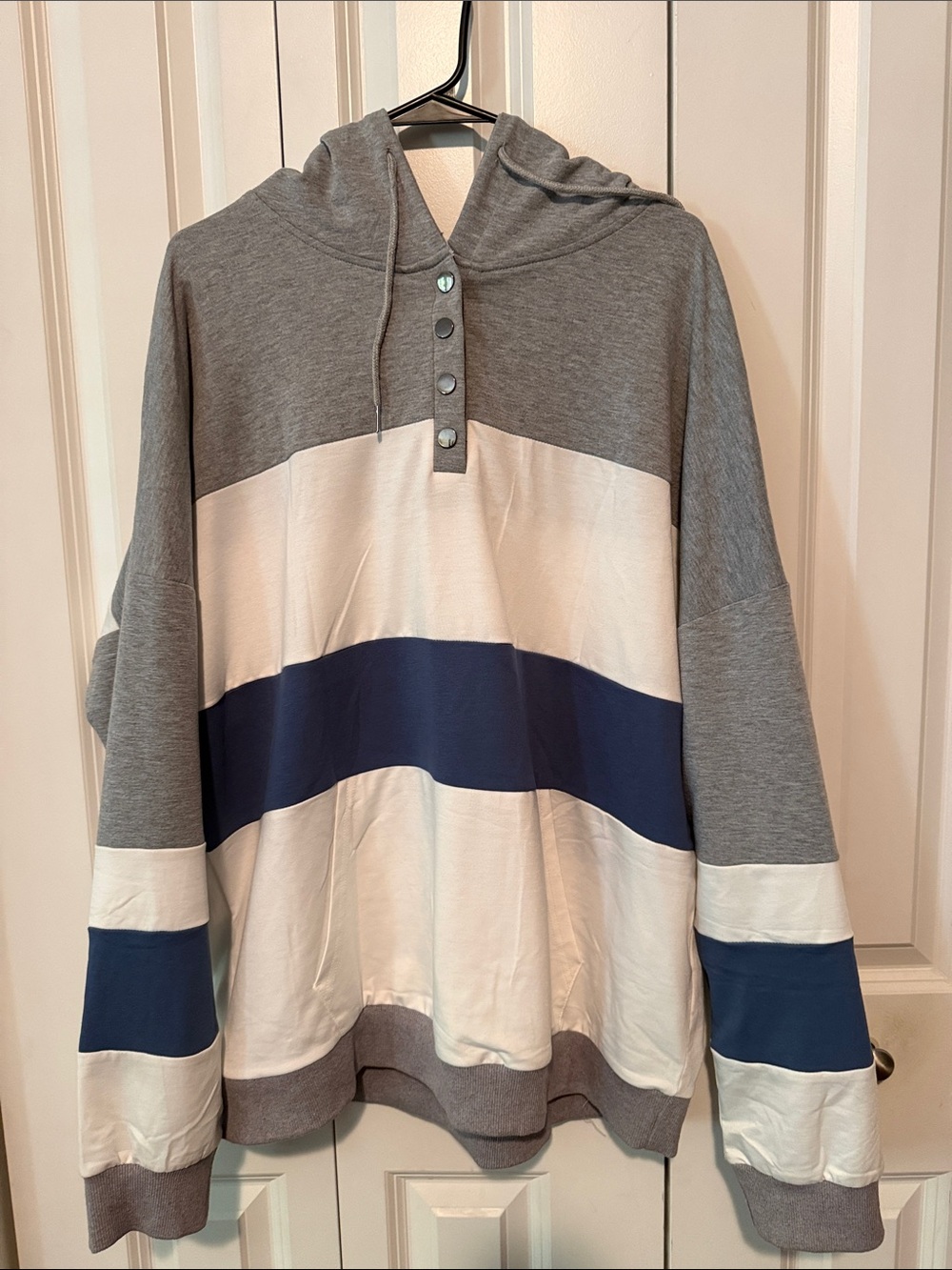 Striped Hooded Pullover Sweatshirt - White, Navy & Gray